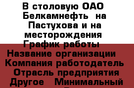 В столовую ОАО "Белкамнефть" на Пастухова и на месторождения  График работы › Название организации ­ Компания-работодатель › Отрасль предприятия ­ Другое › Минимальный оклад ­ 1 - Все города Работа » Вакансии   . Адыгея респ.,Адыгейск г.